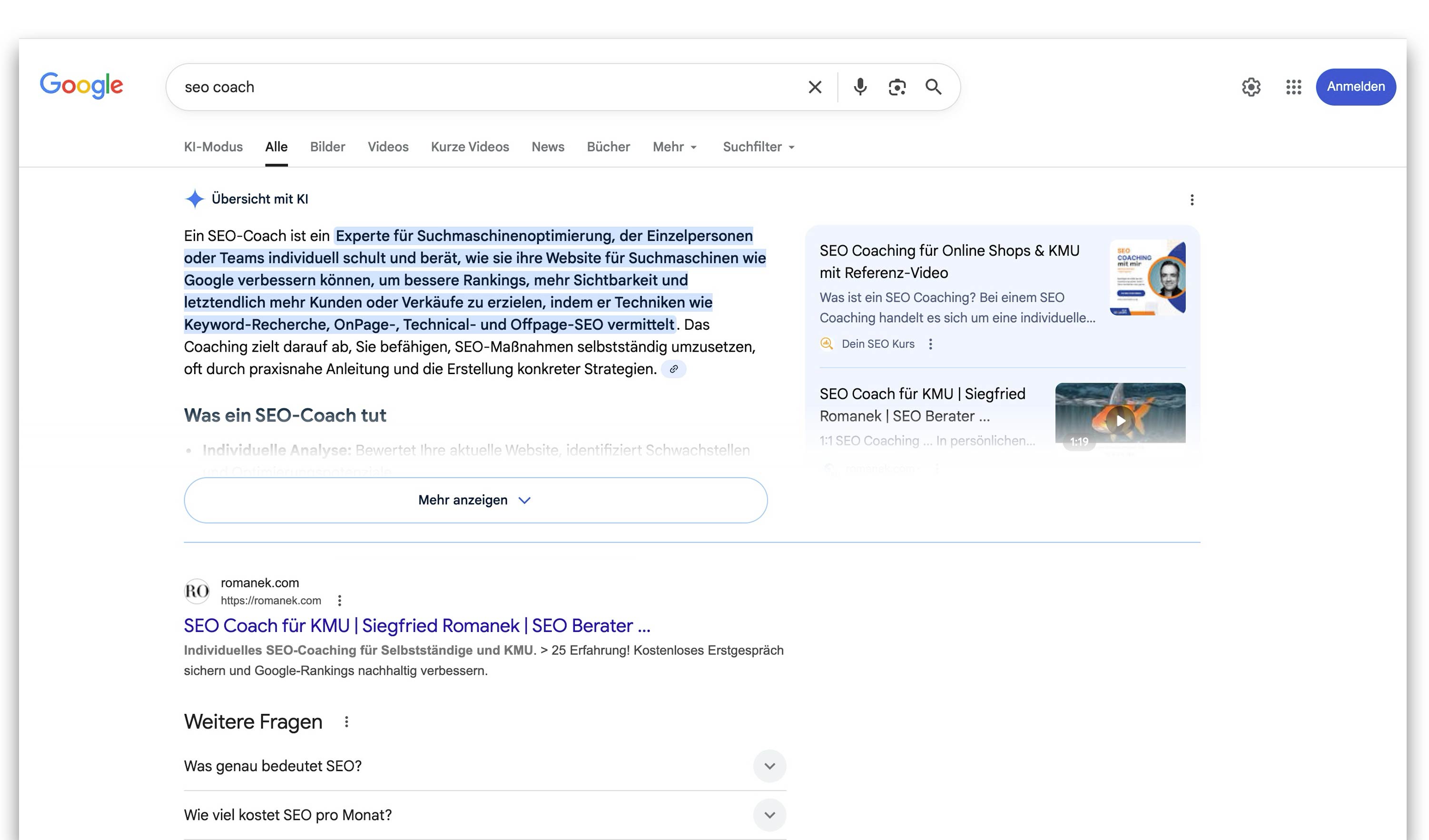 Wir sind bei Google unter SEO coach auf Position 1